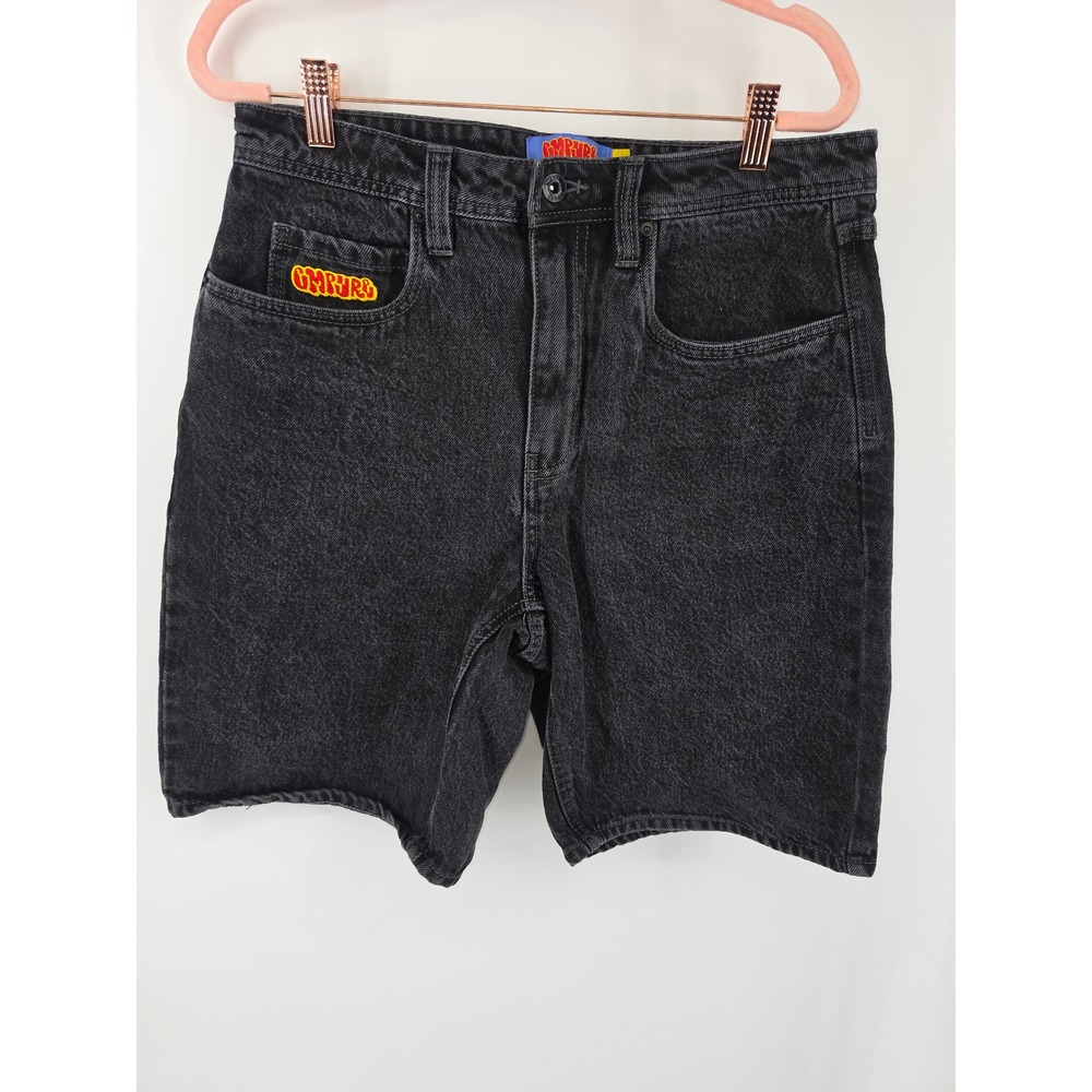 Empyre Mens Washed Black Denim Skate Shorts Graffiti Embroidery Size 30